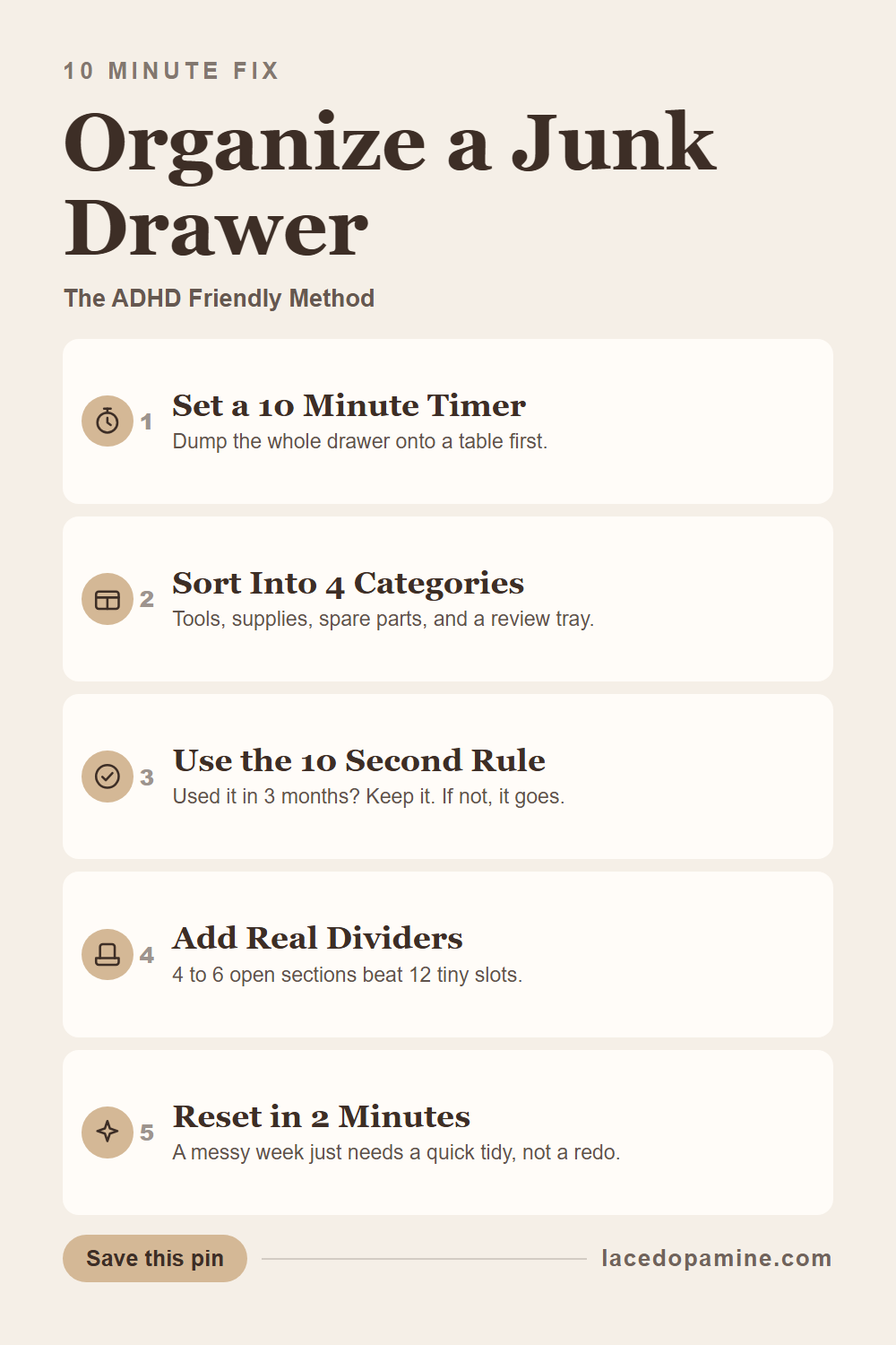 Junk drawer always creeping back to chaos within a week — save this pin for later