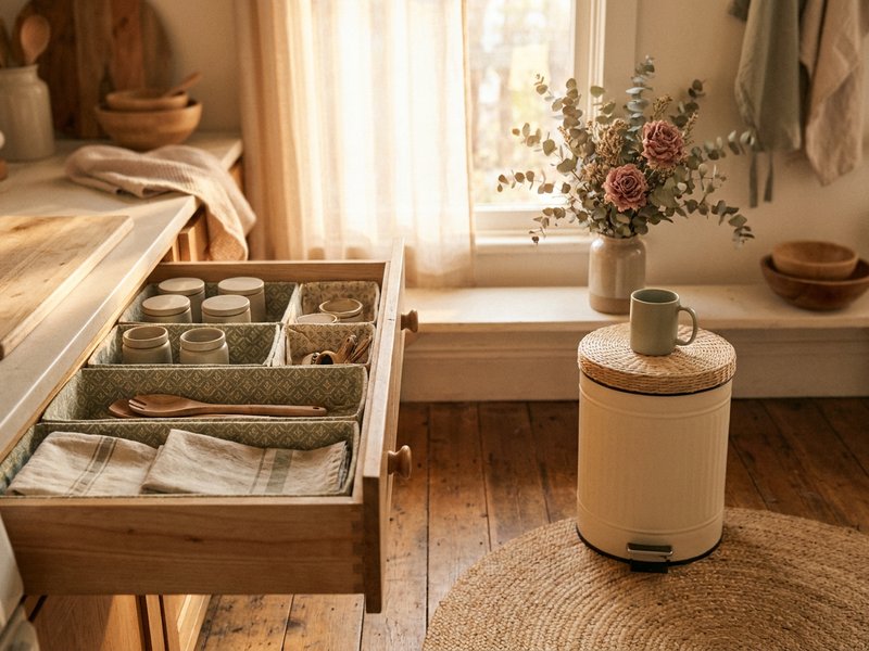 how to organize junk drawer ADHD — a tidy open drawer with a small trash bin nearby, lacedopamine.com