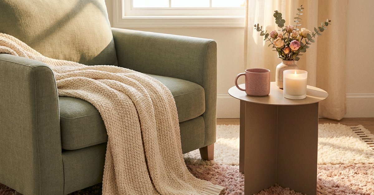 hygge ADHD soft living — gentle illustration for late-diagnosed ADHD women, lacedopamine.com