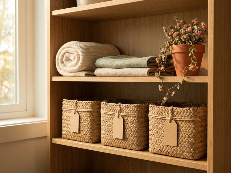 labelled seasonal storage for fall room refresh ADHD, woven baskets with kraft tags on an oak shelf, lacedopamine.com