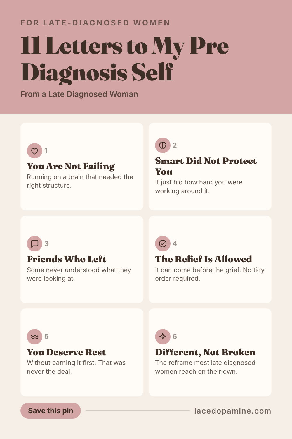 If you were only diagnosed with ADHD as an adult, you know the strange grief of understanding your past too late. These 11 late diagnosed ADHD letters are written to the version of you who blamed herself for things that were never a character flaw. From the self blame to the relationships you didn't understand yet, to what you deserve now. Save this pin for the next time you need to hear it from someone who has been there. #ADHDwomen #ADHDtips #neurodivergent — save this pin for later