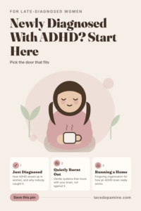 Newly diagnosed with ADHD, start here, pin graphic showing three doors for late diagnosed women