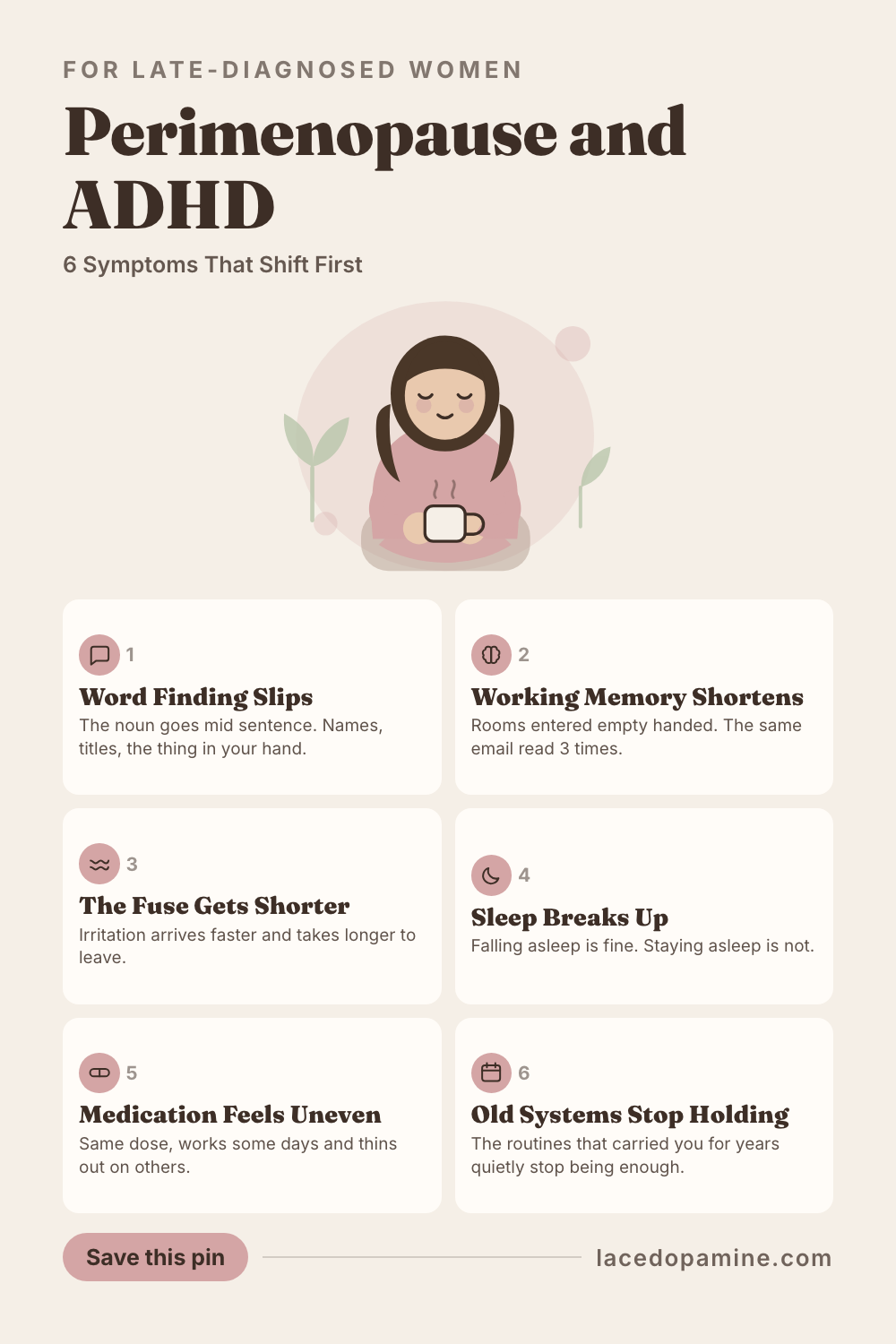Perimenopause and ADHD together is the stage nobody prepares late diagnosed women for. Estrogen supports dopamine production, so a falling estrogen level withdraws support from the exact system ADHD medication acts on. That is why strategies you relied on for 30 years stop holding in your 40s, and why so many women are diagnosed for the first time in this decade. Inside: the 6 symptoms that shift first, how to tell this apart from classic menopause, and 3 things worth tracking daily for 2 cycles before your next doctor's appointment. Save this pin for the next time you wonder if it's you or your hormones. #ADHDwomen #ADHDtips #neurodivergent — save this pin for later
