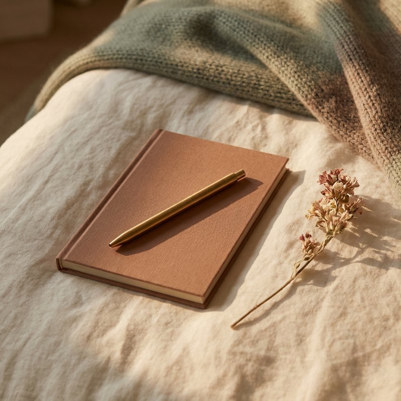 perimenopause adhd — a small closed notebook and pen on a linen surface, lacedopamine.com