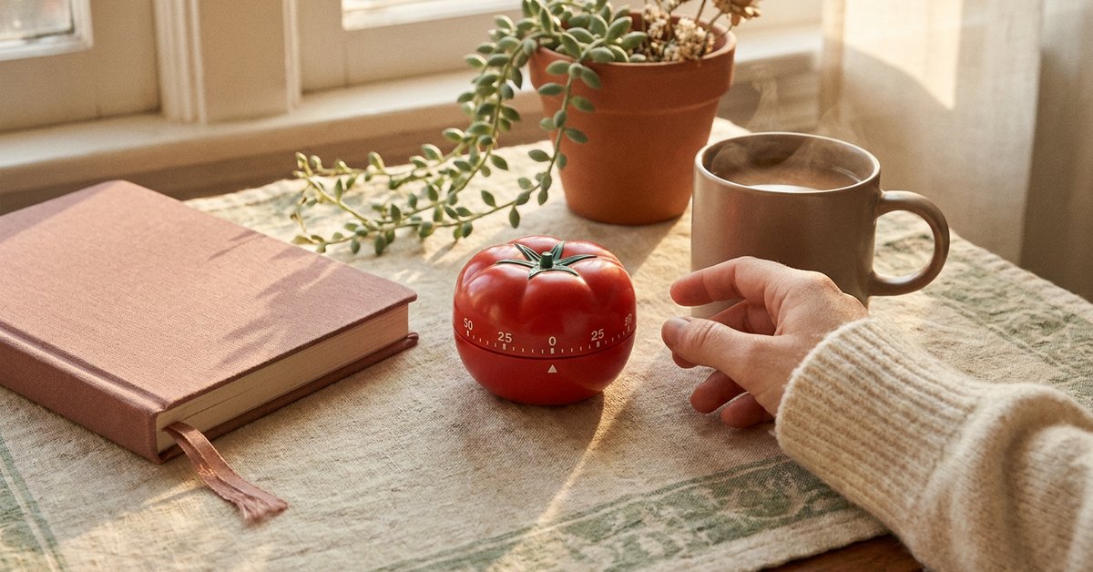 pomodoro for ADHD — gentle illustration for late-diagnosed ADHD women, lacedopamine.com