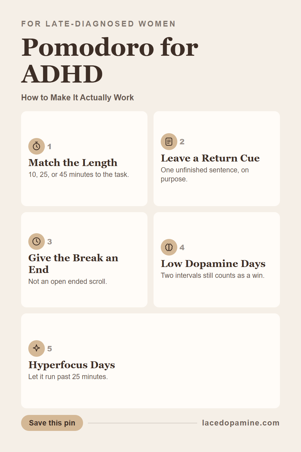 Pomodoro for ADHD keeps failing for the same two reasons: a fixed 25 minute block that ignores how your attention actually moves, and a sudden stop that costs more focus than it saves. This guide shows the fix. Swap the fixed interval for three flexible lengths matched to the task in front of you, build a 30 second return cue into the last moments of every block so you never lose your train of thought again, and give every break a hard endpoint instead of an open scroll. Includes a simple table of interval lengths, what to do on a low dopamine day versus a hyperfocus day, and the exact tools that make this easier without adding another screen to get distracted by. Save this pin before your next timer collapses at minute 12. #ADHDwomen #ADHDtips #neurodivergent — save this pin for later