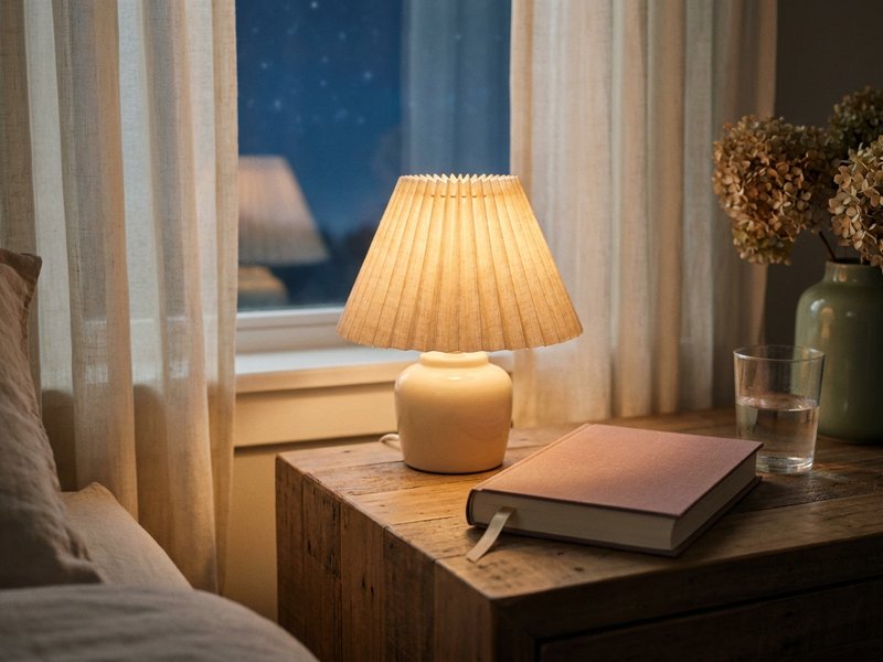 revenge bedtime procrastination adhd — a lit bedside lamp and a book beside a dark window, lacedopamine.com
