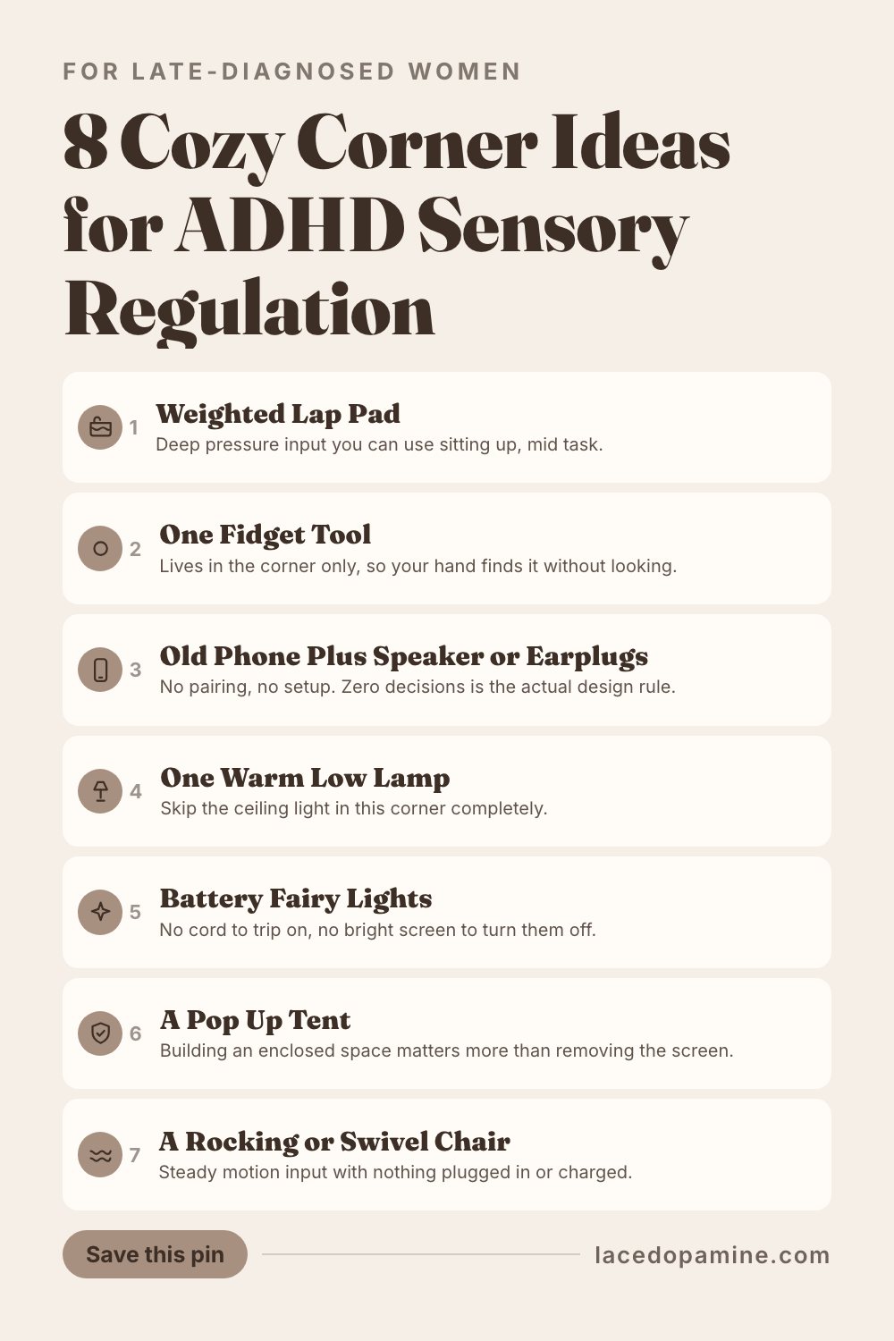 Sensory corner ideas for ADHD homes work by giving your nervous system one small, no setup spot to land when a room gets too loud. This guide covers 8 ideas across touch, sound, light, and enclosure, where to put your corner so it is actually reachable in seconds, and the zero decision rule that keeps it usable during a real overload instead of just looking nice. Built from a real cove under the stairs shared by an ADHD mom on Reddit. Save it before your next loud afternoon. #ADHDwomen #ADHDtips #neurodivergent — save this pin for later