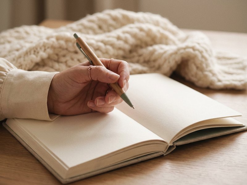 shadow work prompts ADHD — a hand holding a pen over an open notebook, lacedopamine.com