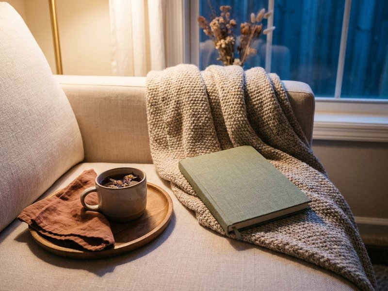 evening journal setup for fall journaling ADHD, closed notebook on a knit blanket beside a lamp, lacedopamine.com
