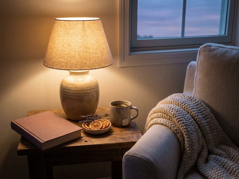 soft autumn rest corner for fall self care ADHD, lamp and knit throw beside a linen chair, lacedopamine.com