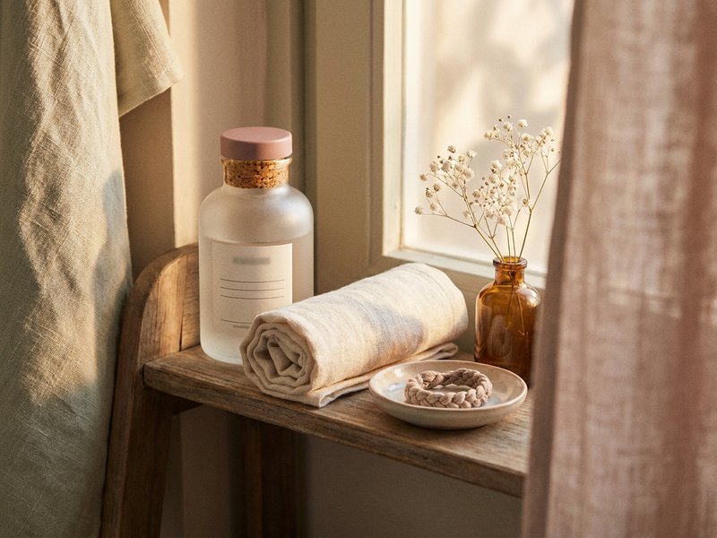 soft girl self care ADHD — a simple skincare shelf with micellar water and a soft towel, lacedopamine.com