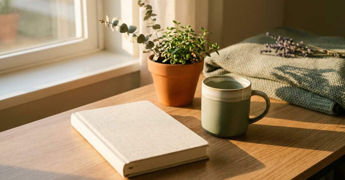 soft productivity rituals — gentle illustration of a calm slow paced workday, lacedopamine.com