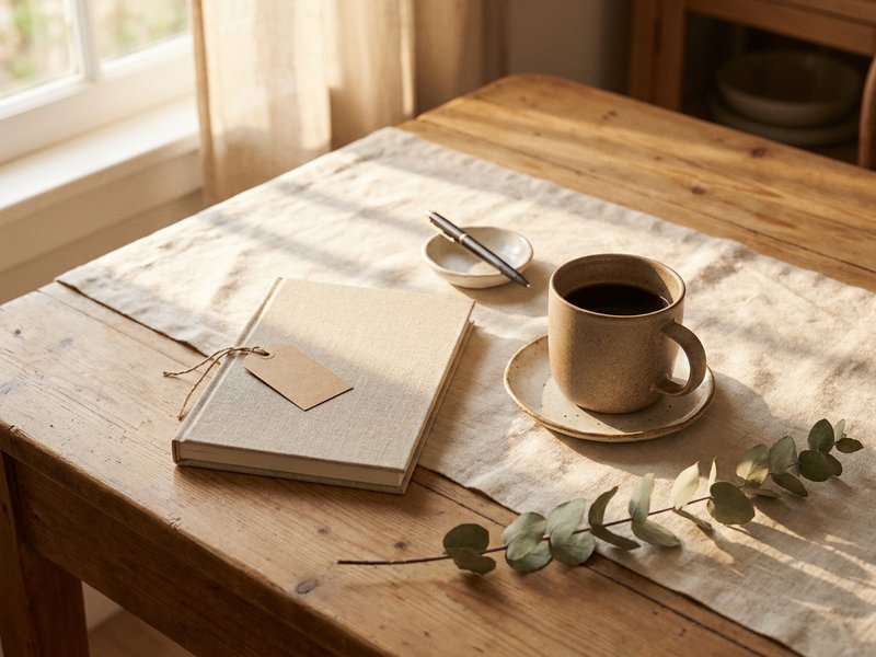 calm Sunday setup for back to school productivity ADHD, notebook and coffee on a linen table, lacedopamine.com