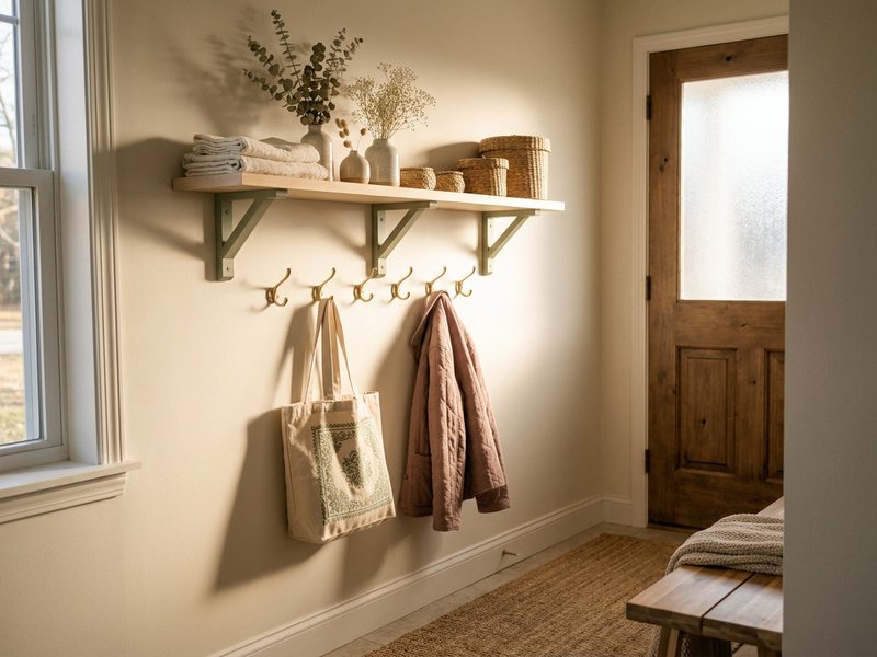 visual storage ideas ADHD — an open shelf with command hooks near an entryway, lacedopamine.com