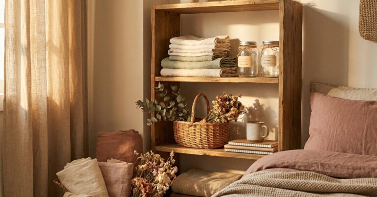 visual storage ideas ADHD — gentle illustration of clear open storage in a calm room, lacedopamine.com