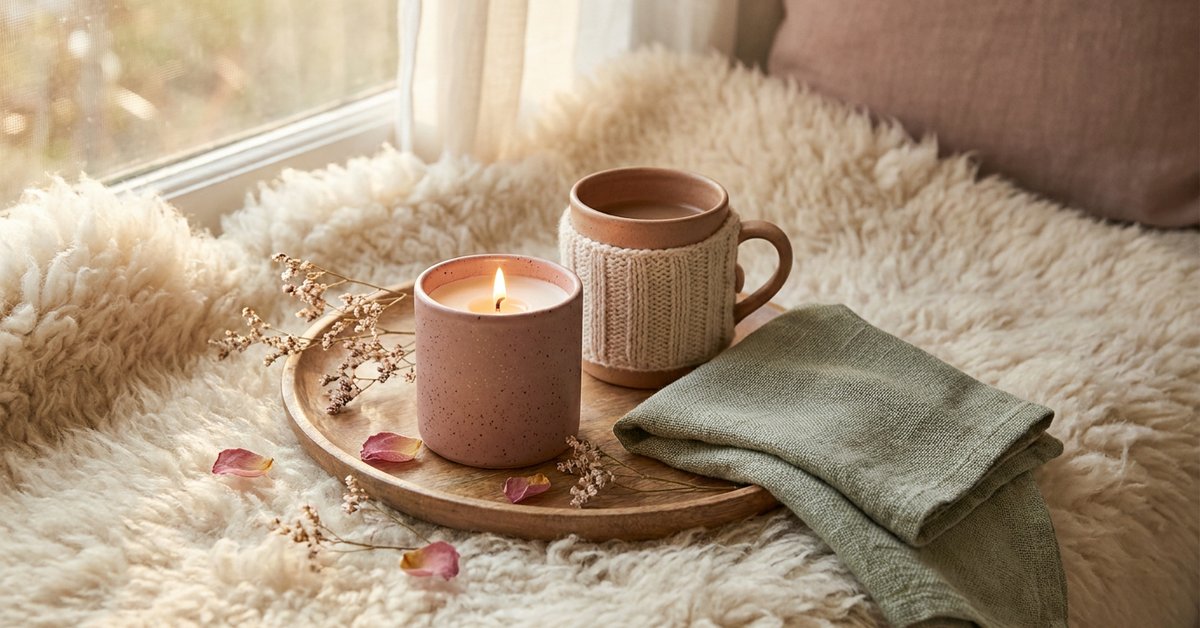 winter self care ADHD — gentle illustration of a small cozy self care ritual, lacedopamine.com