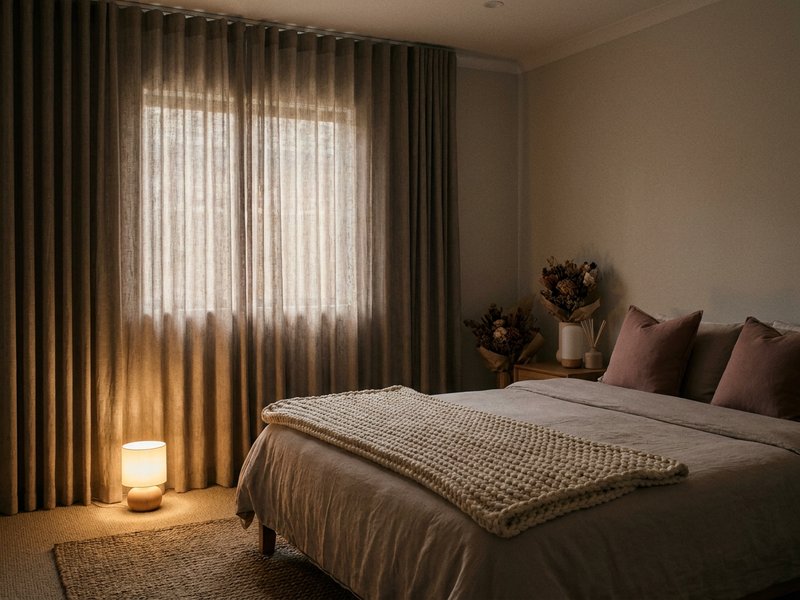 winter sleep reset ADHD — a dark cozy bedroom set up for earlier winter sleep, lacedopamine.com