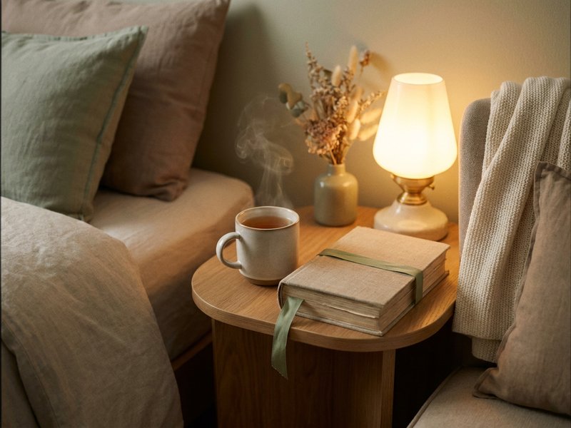 winter sleep reset ADHD — a calm wind down setup with tea and a book by lamp light, lacedopamine.com