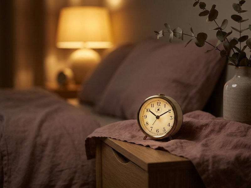 ADHD bedroom setup sleep — a soft glowing clock on a nightstand at night, lacedopamine.com
