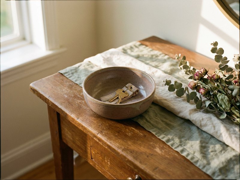 ADHD drop zone setup — a small ceramic bowl on a table near an entryway, lacedopamine.com