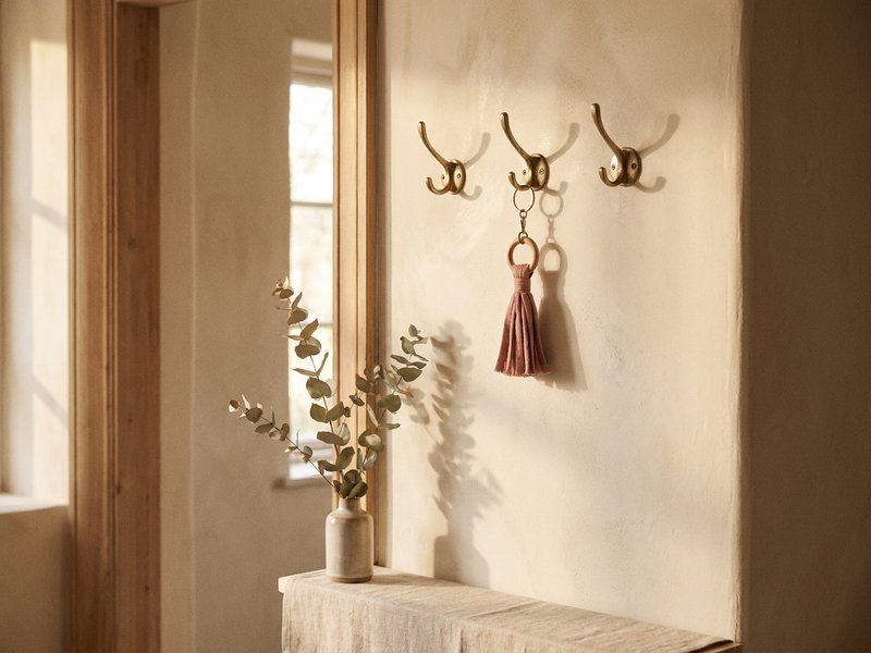 ADHD drop zone setup — a row of hooks at eye level near a doorway, lacedopamine.com