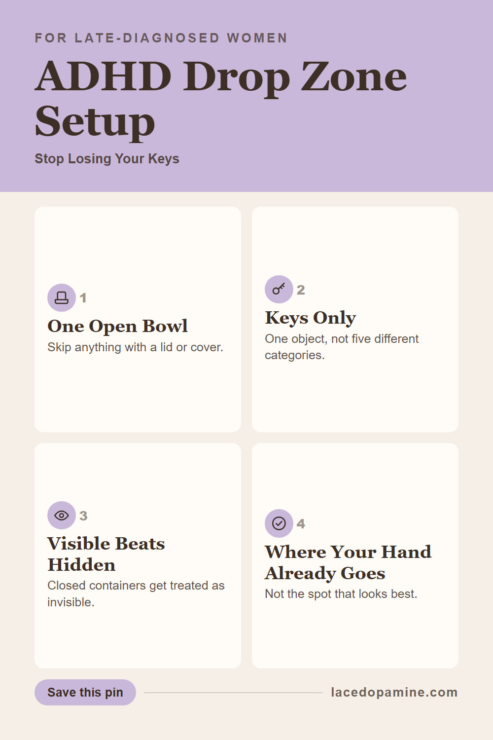 ADHD Drop Zone Setup: Home Organization Tips|||An ADHD drop zone setup fixes the keys you keep losing with one open bowl by the door, not a covered box. These home organization tips lean toward cleaning inspiration that actually works for a brain that ignores anything hidden. Save this pin for later. — save this pin for later