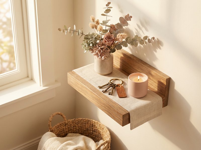 ADHD drop zone setup — a small entryway shelf holding keys and a candle, lacedopamine.com