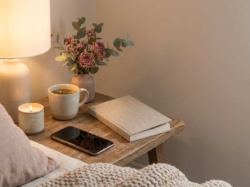 ADHD evening wind down — a phone set aside on a nightstand with the screen off, lacedopamine.com