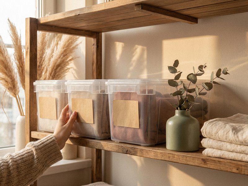 ADHD home setup — clear labeled storage bins on an open shelf, lacedopamine.com