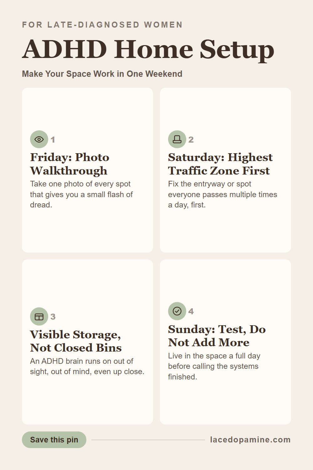 ADHD home setup in exactly one weekend: Friday walkthrough, Saturday high traffic fixes, Sunday testing. See why visible storage beats closed bins and how a little cleaning motivation up front removes friction for good. Save this pin. — save this pin for later