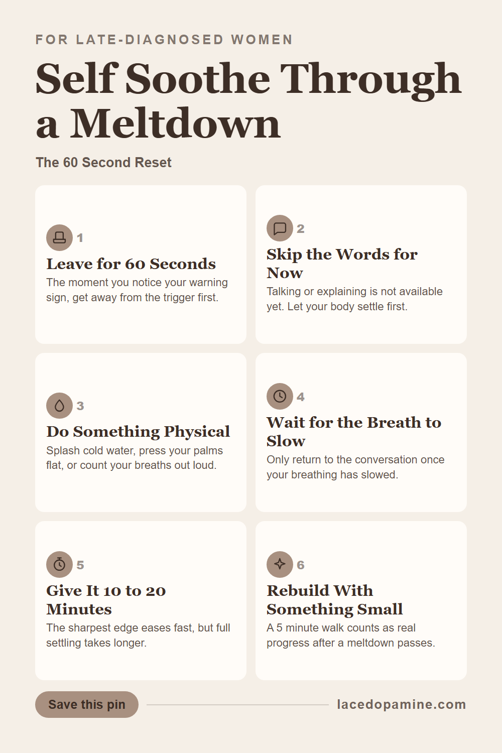 An ADHD meltdown is not a tantrum. Learn the 60 second technique to self soothe in the middle of a meltdown, plus what to do after it passes and when you cannot physically leave the room. A calming statement for nervous system regulation you can use anywhere. Save this pin. — save this pin for later