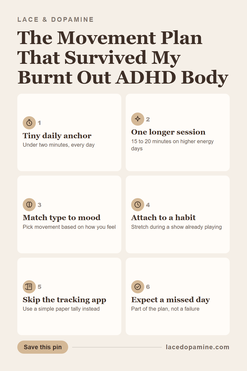An ADHD movement routine works when it is built around regulating your nervous system, not around willpower or guilt. This guide covers why routines usually fail, the smallest possible way to start, and what to do on a low energy day. Save this pin for the next time exercise advice feels impossible to follow. — save this pin for later