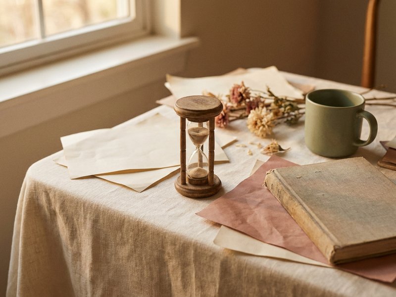 ADHD productivity mistakes — a small hourglass timer on a cluttered desk corner, lacedopamine.com