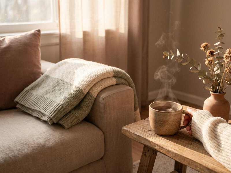ADHD self care beginner — a folded blanket and a cup of tea on a couch, lacedopamine.com