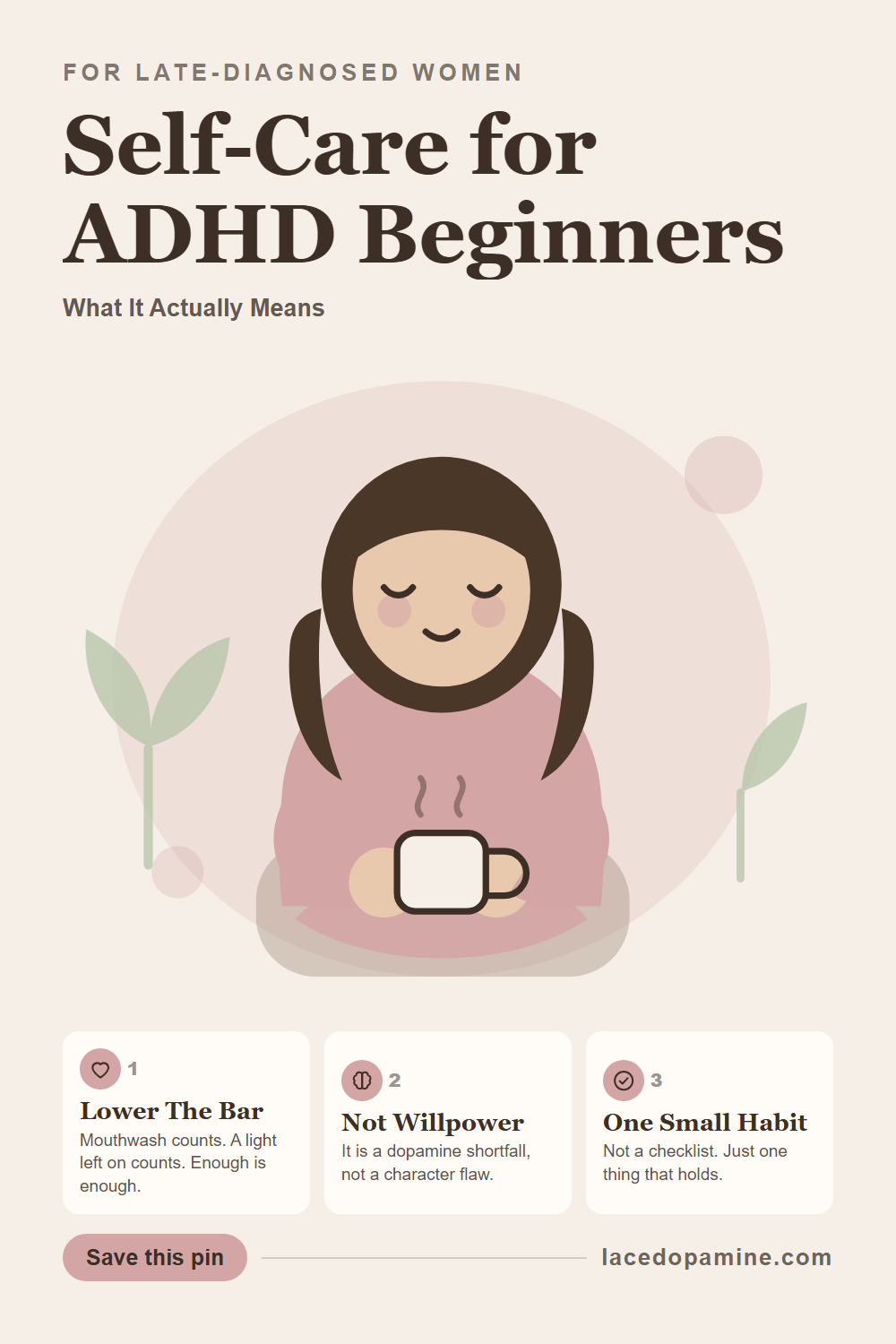 Self care for ADHD beginners is not about willpower or a longer checklist. See why comparing your hours to non ADHD people backfires, how to lower the bar without quitting, and what counts on a zero motivation day. This works like a real self care checklist. Save this pin. — save this pin for later