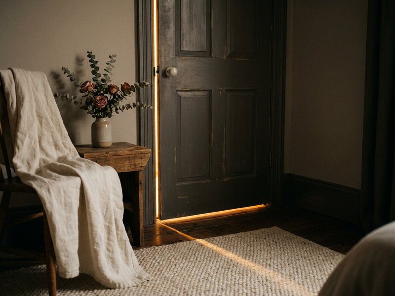 ADHD sleep hygiene mistakes — a bedroom door left ajar with dim hallway light streaking in, lacedopamine.com
