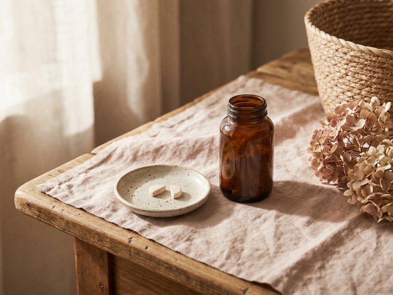 ADHD sleep hygiene mistakes — a supplement bottle and a single half tablet on a small dish, lacedopamine.com