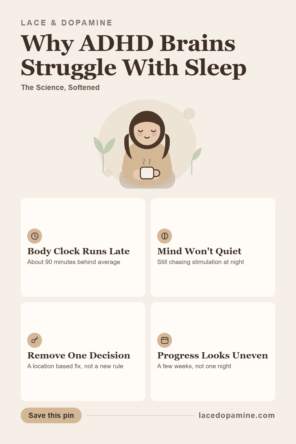ADHD sleep struggles are not about trying harder. A body clock that runs roughly ninety minutes later than average meets a mind that only quiets once the day's stimulation ends, and that mismatch is the real reason bedtime feels like a fight. Save this pin for the next hard night. — save this pin for later