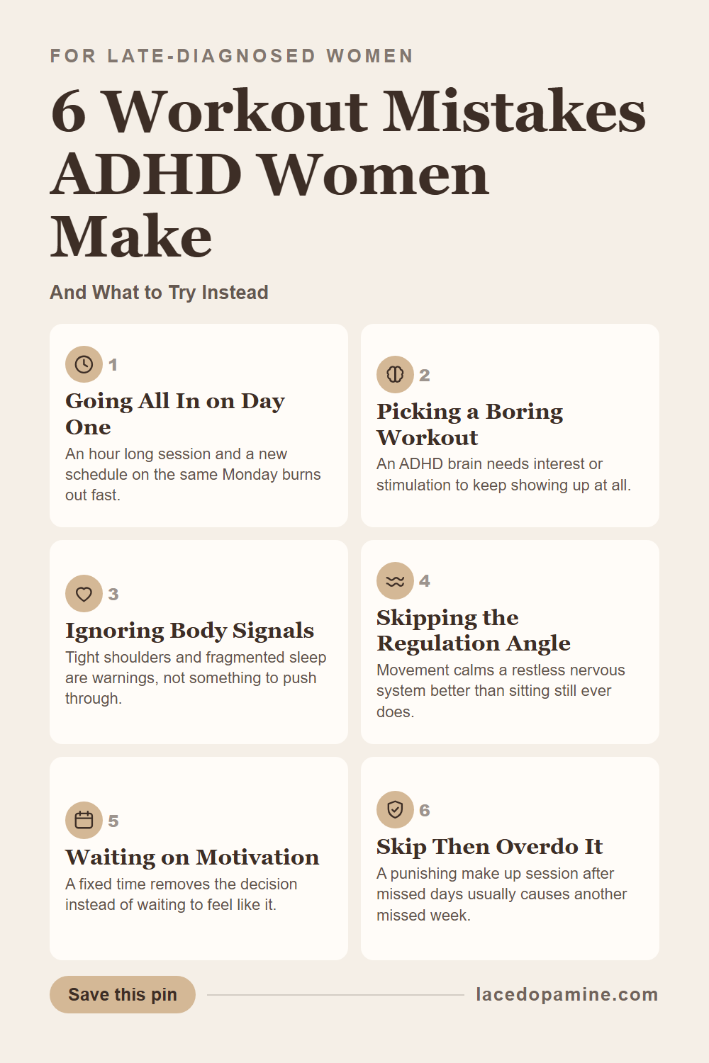 6 ADHD workout mistakes are quietly sabotaging your plan before week 2 even starts. Learn why going all in on day one backfires, why the wrong workout type guarantees quitting, and what nervous system regulation actually needs instead of willpower. Save this pin. — save this pin for later