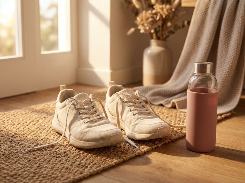 ADHD workout mistakes — running shoes and a water bottle by the front door, lacedopamine.com