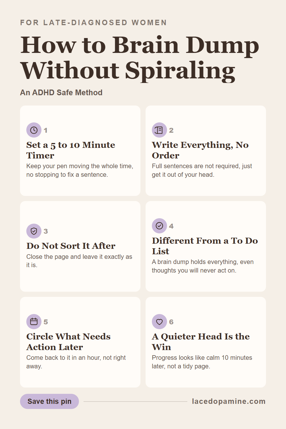 An ADHD safe brain dump method that actually stops the spiral: set a timer, write without stopping, and close the page without sorting anything. See why this beats a to do list and how long it should really take. This works like self therapy journaling. Save this pin. — save this pin for later