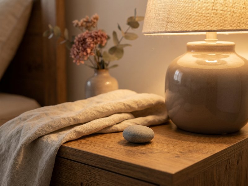breathwork ADHD anxiety — a small smooth stone resting on a bedside table, lacedopamine.com