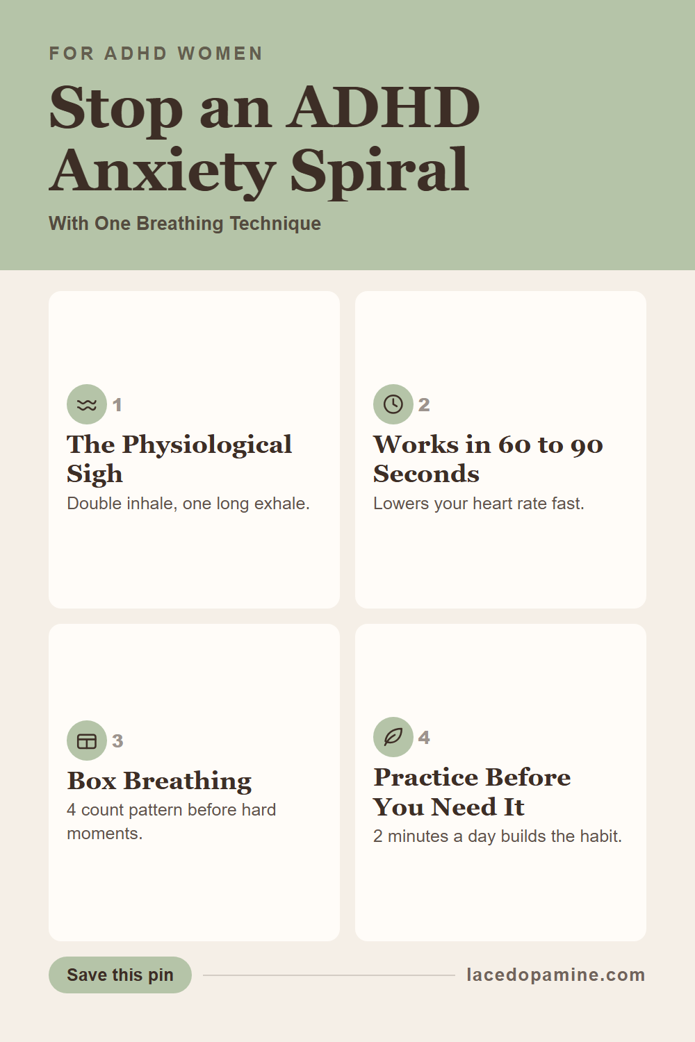 Stop an ADHD anxiety spiral with one breathing technique: the physiological sigh. Learn the exact sequence, plus box breathing for before a hard moment, and how to heal your nervous system between spirals, not just during them. Save this pin. — save this pin for later