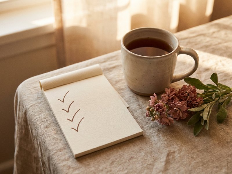 done list for ADHD — a small notepad with checkmarks beside a warm cup of tea, lacedopamine.com