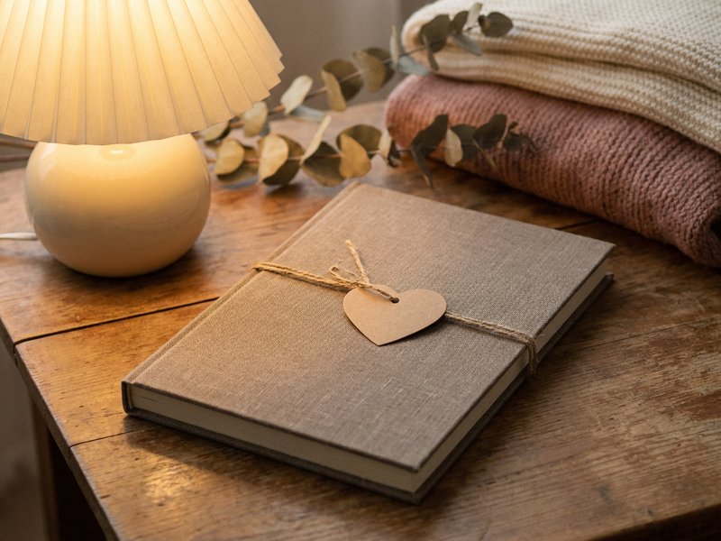 done list for ADHD — a closed linen planner with a blank kraft tag beside a lamp, lacedopamine.com