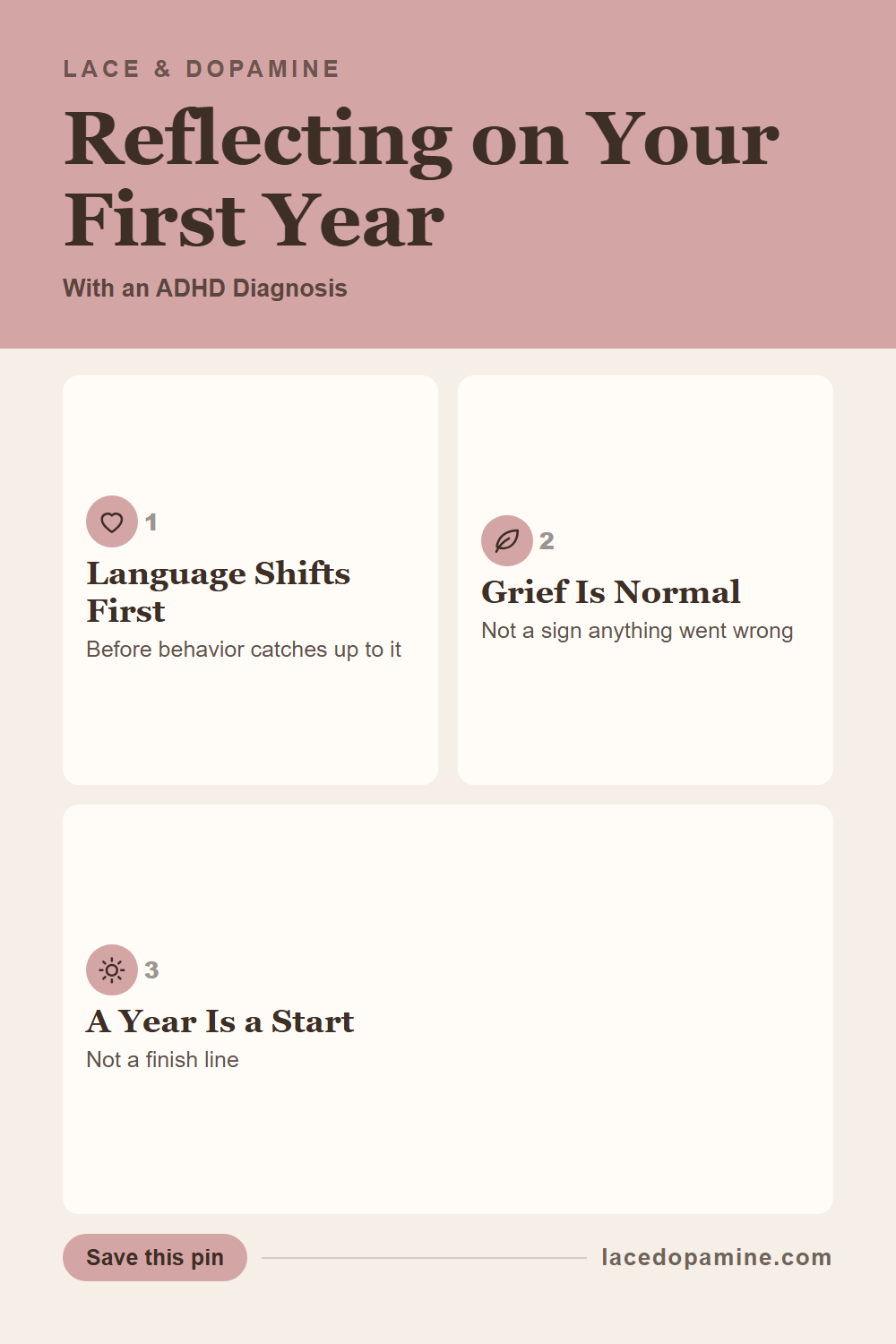 One year after an ADHD diagnosis is enough time to look back honestly at the neurodivergent things you spent decades calling personality flaws. This is what actually changed, what did not, and what the grief underneath the relief looked like. Save this pin for your own first year, wherever you are in it. — save this pin for later