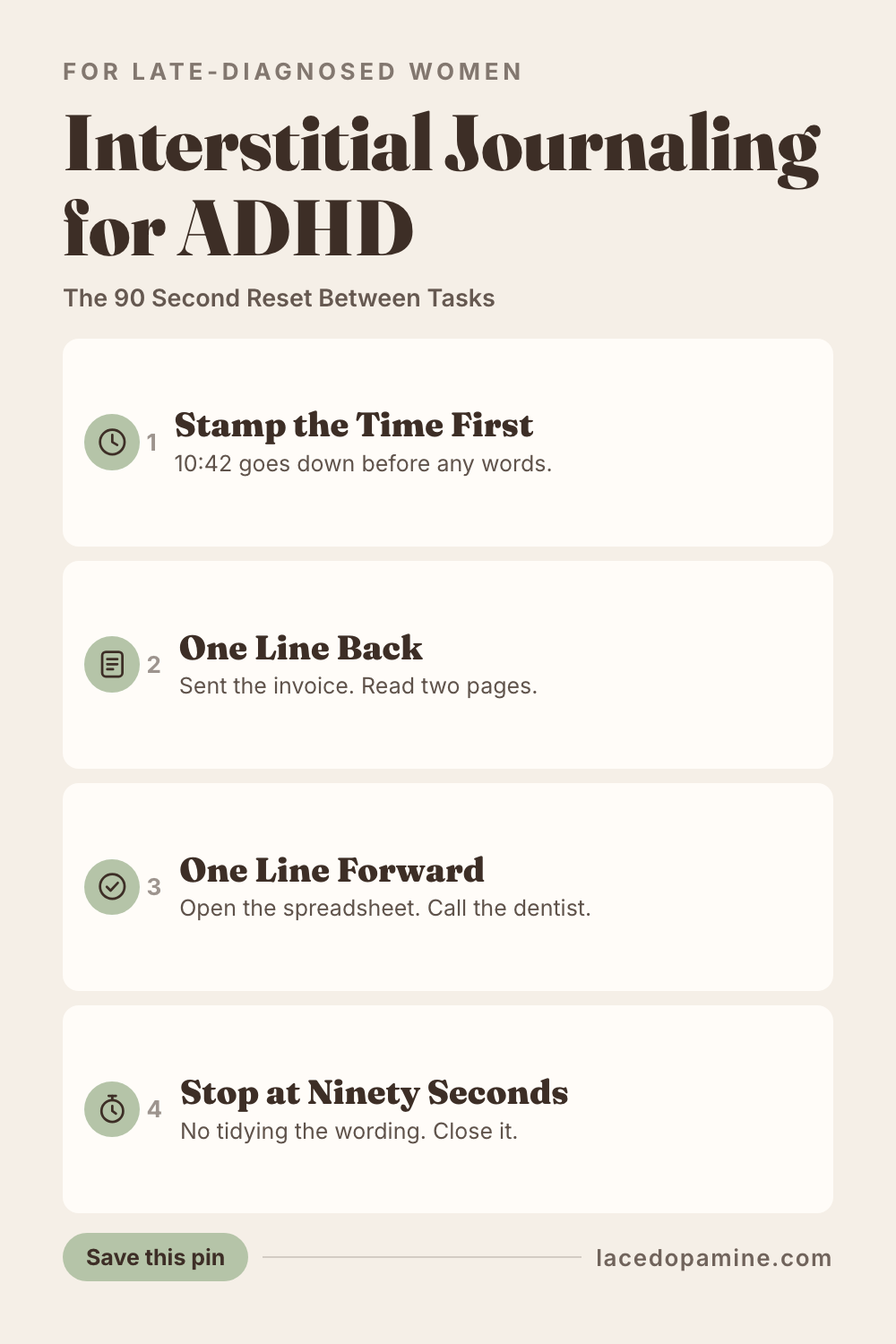 Interstitial journaling for ADHD turns the ninety seconds between tasks into a restart point instead of dead space. Stamp the time, write one line about what you just finished, then one line about the next physical action. The note holds the thread your working memory drops, so coming back does not mean starting the whole plan over. A cheap pad beats a beautiful notebook every time. Save this pin and pair it with mindfulness journal prompts you can finish in a minute. — save this pin for later