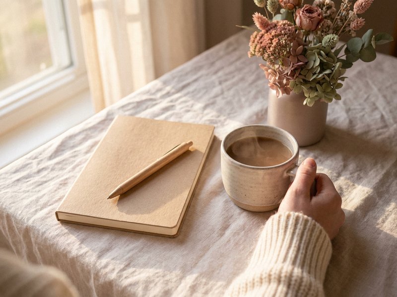 interstitial journaling adhd — a plain notepad and pen ready beside a warm mug, lacedopamine.com