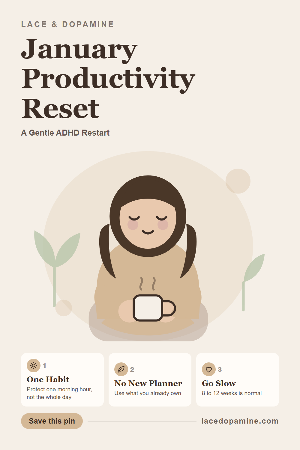 A January productivity reset for burnt out ADHD brains looks nothing like a new productivity planner and a color coded system. This is the smaller version I actually kept, built around one protected morning hour instead of a total overhaul. Save this pin for the January that needs less, not more. — save this pin for later